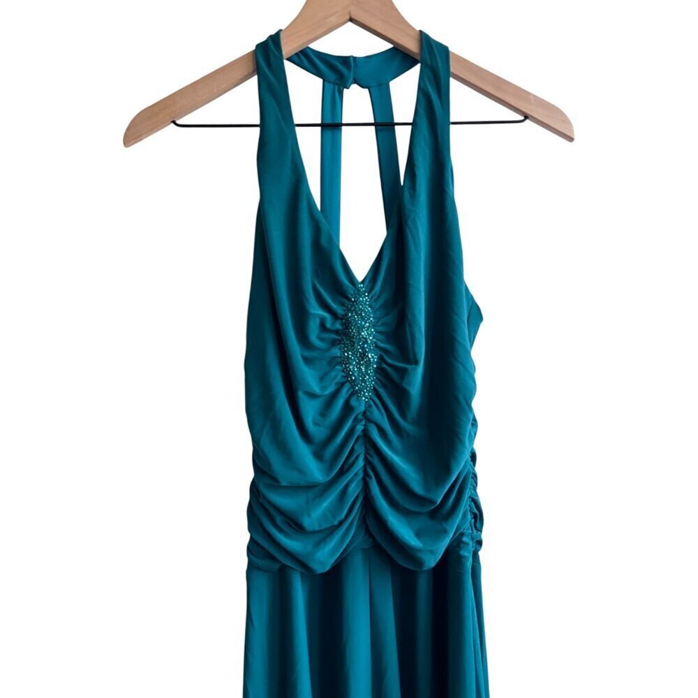 Vintage Y2k Sparkly Glitter Teal Halter Prom Party Dress Ruched Bodice Size 8 - Picture 3 of 5